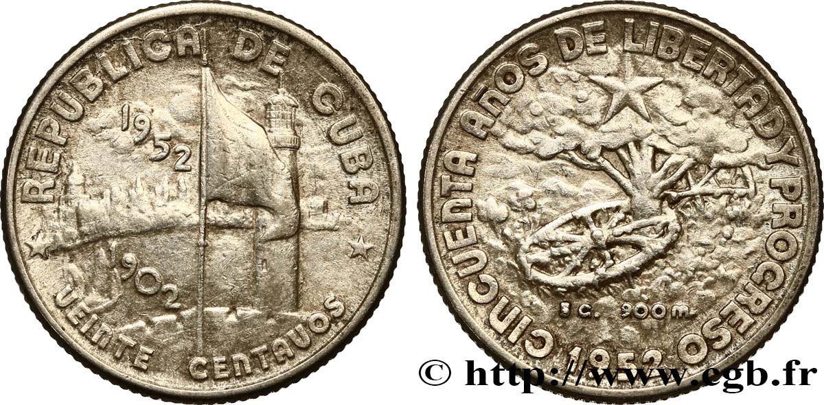 CUBA 20 Centavos 50e anniversaire de la République 1952  XF 