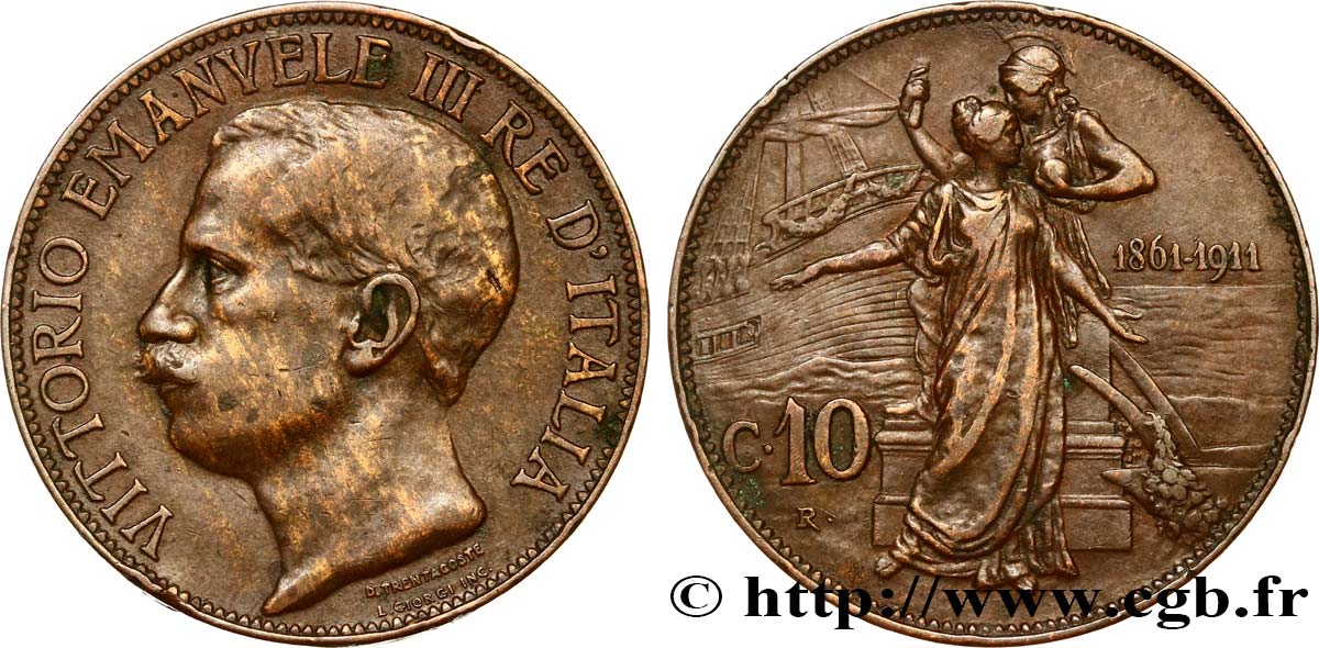 ITALY 10 Centesimi Victor Emmanuel III - 50e anniversaire de l’Unité Italienne 1911 Rome XF 