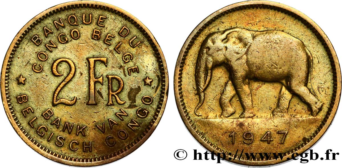 CONGO BELGE 2 Francs éléphant 1947  TTB 