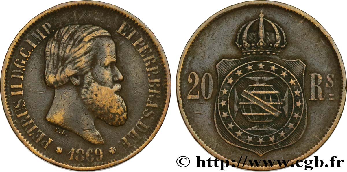 BRASIL 20 Réis Empereur Pierre II 1869  MBC 