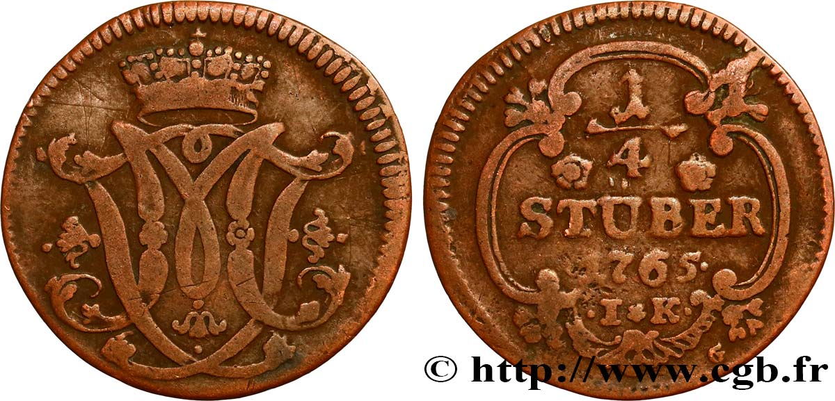 GERMANIA - COLONIA 1/4 Stuber monogramme de Maximilien-Frédéric de Königsegg-Rotenfels prince-évèque 1765  MB 