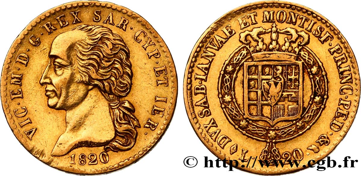 ITALIE - ROYAUME DE SARDAIGNE - VICTOR-EMMANUEL Ier 20 Lire 1820 Turin BB 