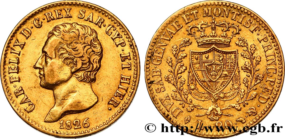 ITALY - KINGDOM OF SARDINIA 20 Lire Charles-Félix 1826 Turin XF/AU 