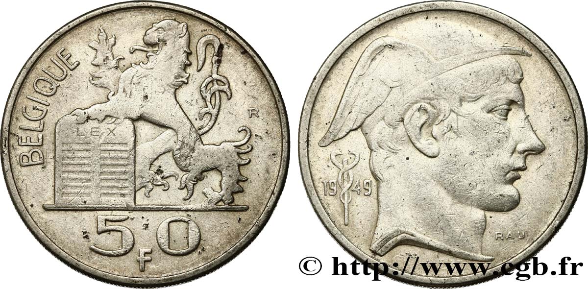 BELGIQUE 50 Francs Mercure, légende française 1949  TTB 