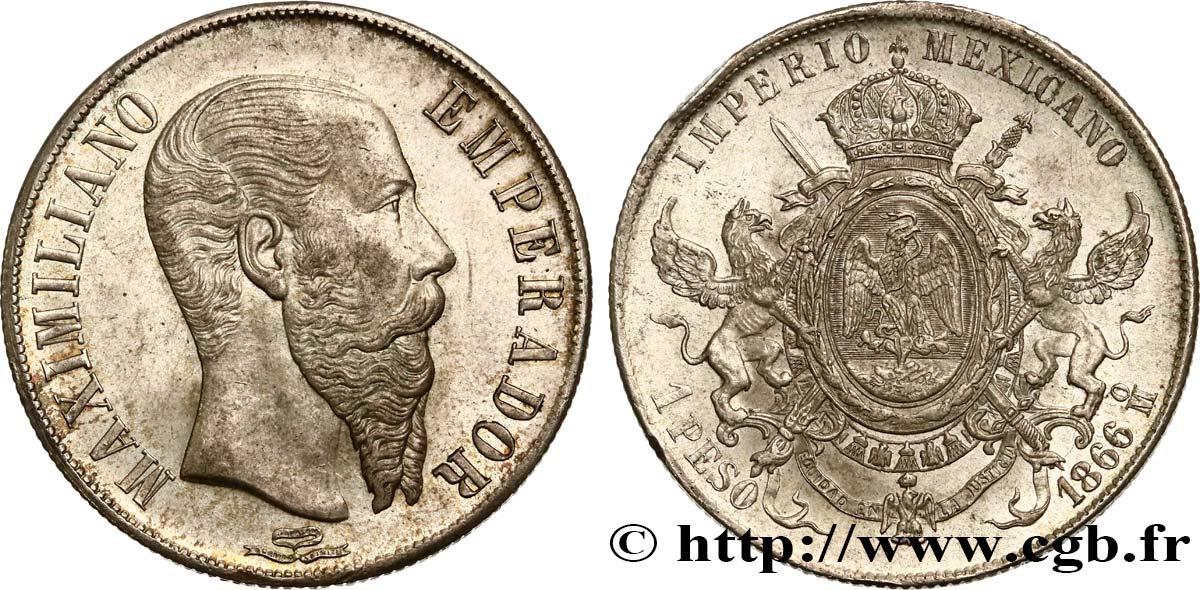 MEXIQUE - MAXIMILIEN Ier Peso 1866 Mexico AU 