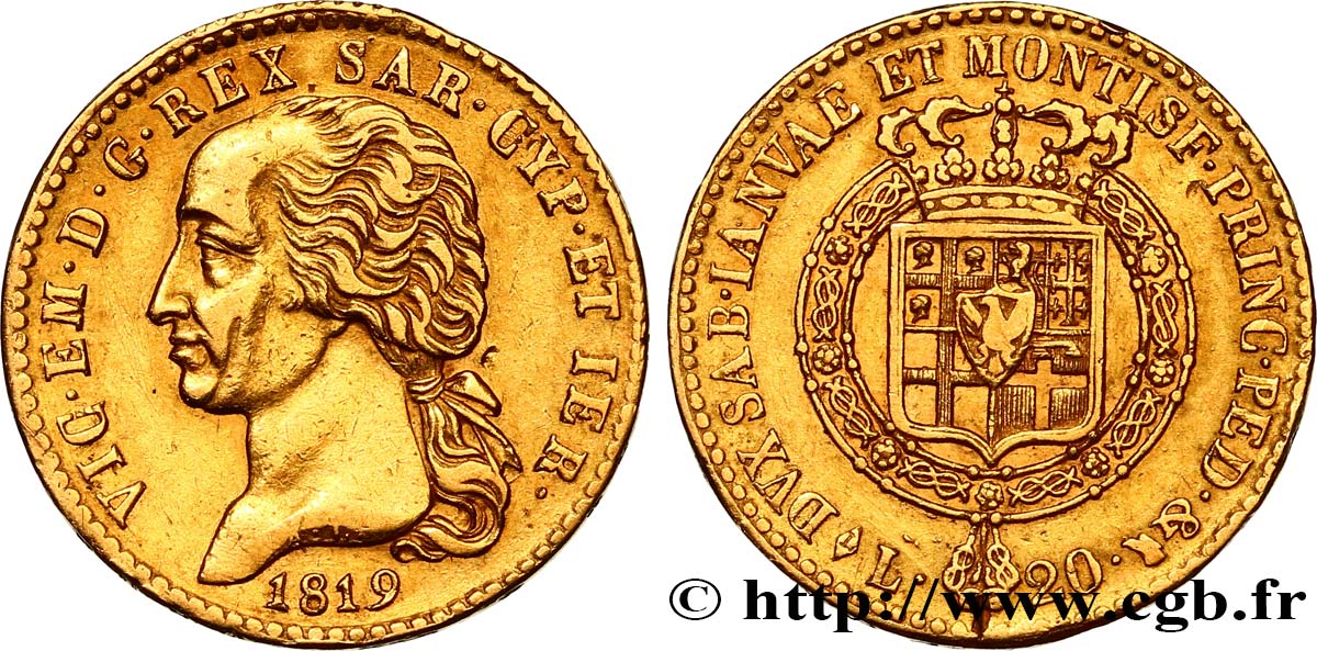ITALY - KINGDOM OF SARDINIA - VICTOR-EMMANUEL I 20 Lire 1819 Turin XF 