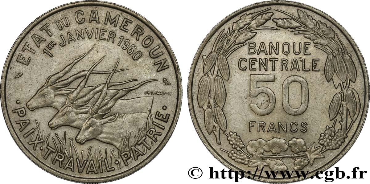 CAMERúN 50 Francs Etat du Cameroun, commémoration de l’indépendance, antilopes 1960 Paris EBC 