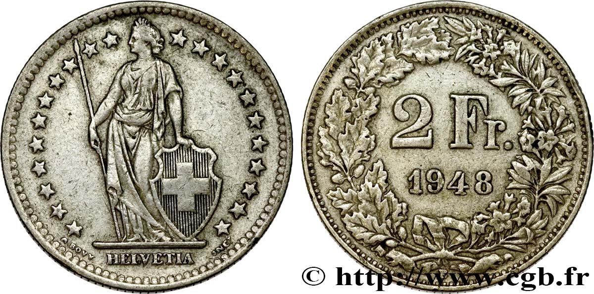 SWITZERLAND 2 Francs Helvetia 1948 Berne AU 