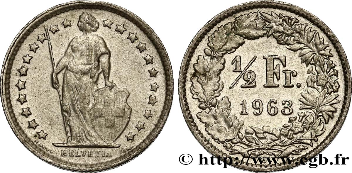 SWITZERLAND 1/2 Franc Helvetia 1963 Berne AU 