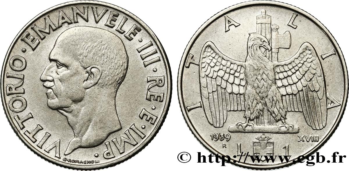 ITALIE 1 Lire Victor-Emmanuel III an XVIII / aigle et faisceau 1939 Rome - R SUP 