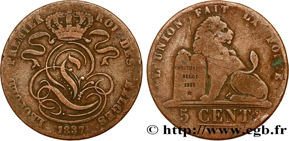 BÉLGICA 5 Centimes monogramme de Léopold Ier / lion 1837  BC 