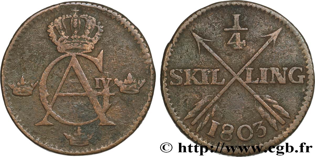 SWEDEN 1/4 Skilling monogramme du roi Gustave IV Adolphe 1803  VF 