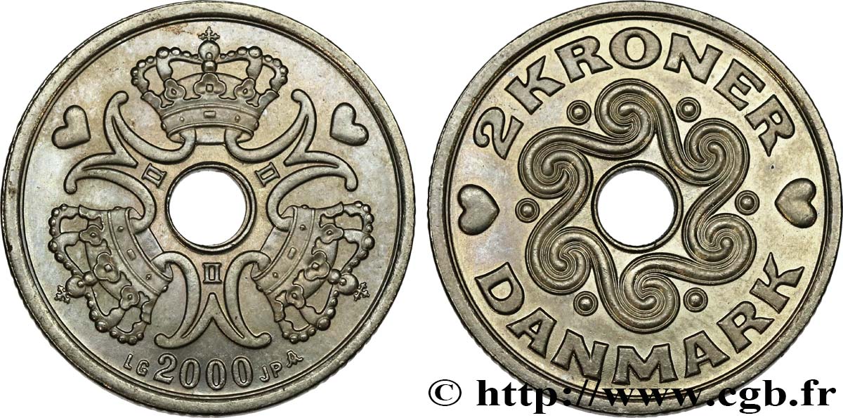 DINAMARCA 2 Kroner couronnes et monogramme de la reine Margrethe II 2000 Copenhague SC 