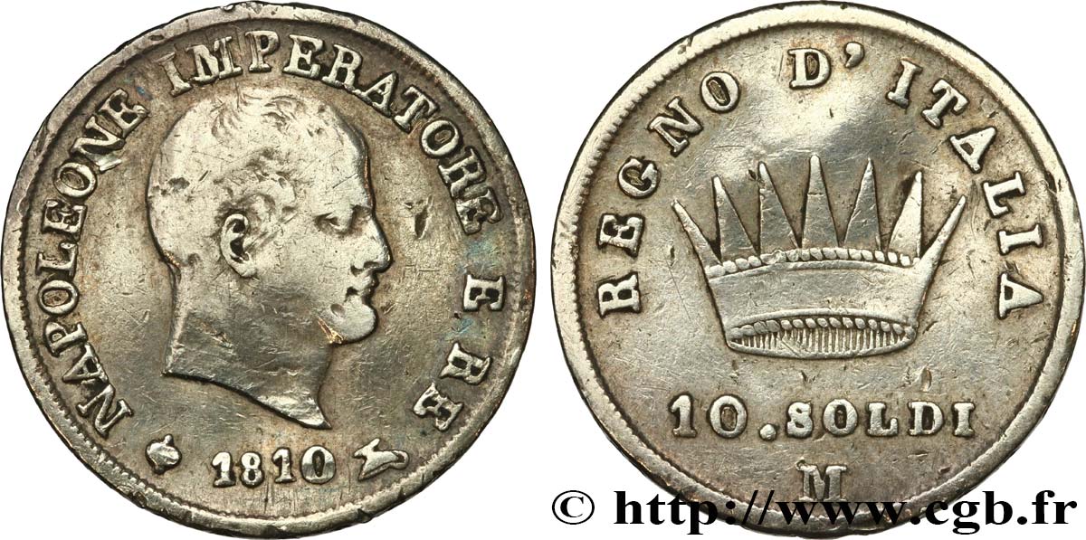 ITALIA - REGNO D ITALIA - NAPOLEONE I 10 soldi Napoléon Empereur et Roi d’Italie 1810 Milan MB 