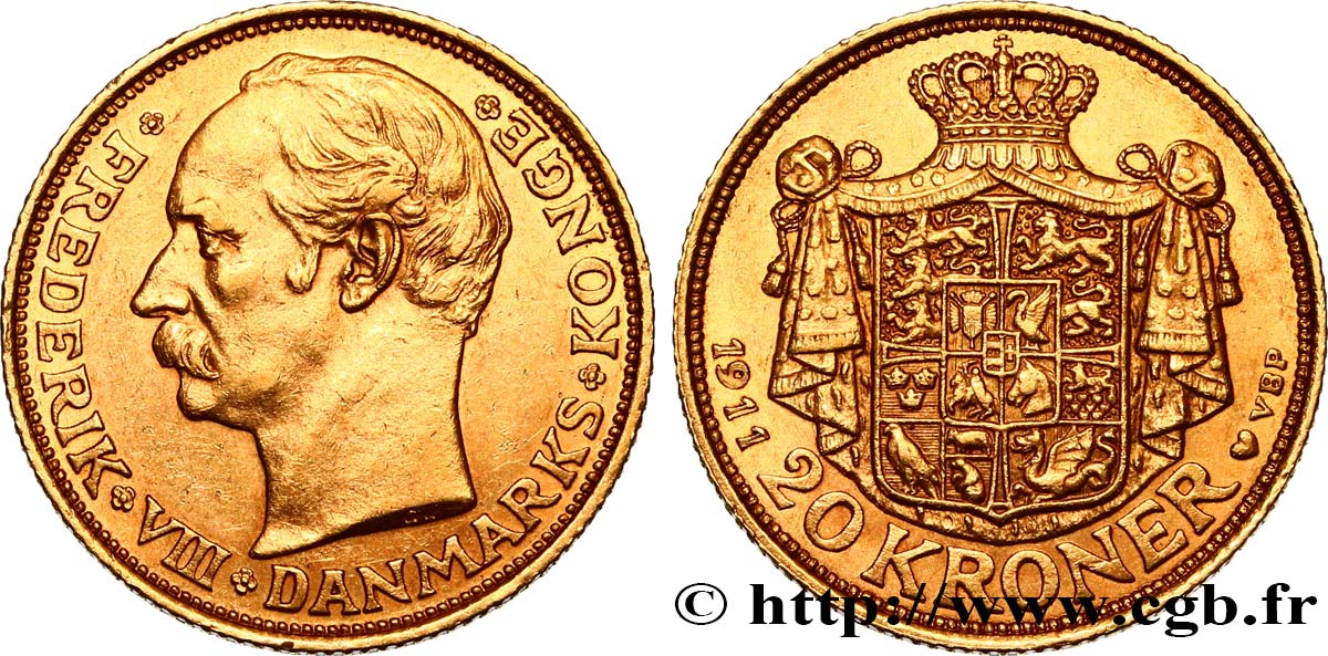 DANEMARK - ROYAUME DE DANEMARK - FRÉDÉRIC VIII 20 Kroner 1911 Copenhague TTB+ 
