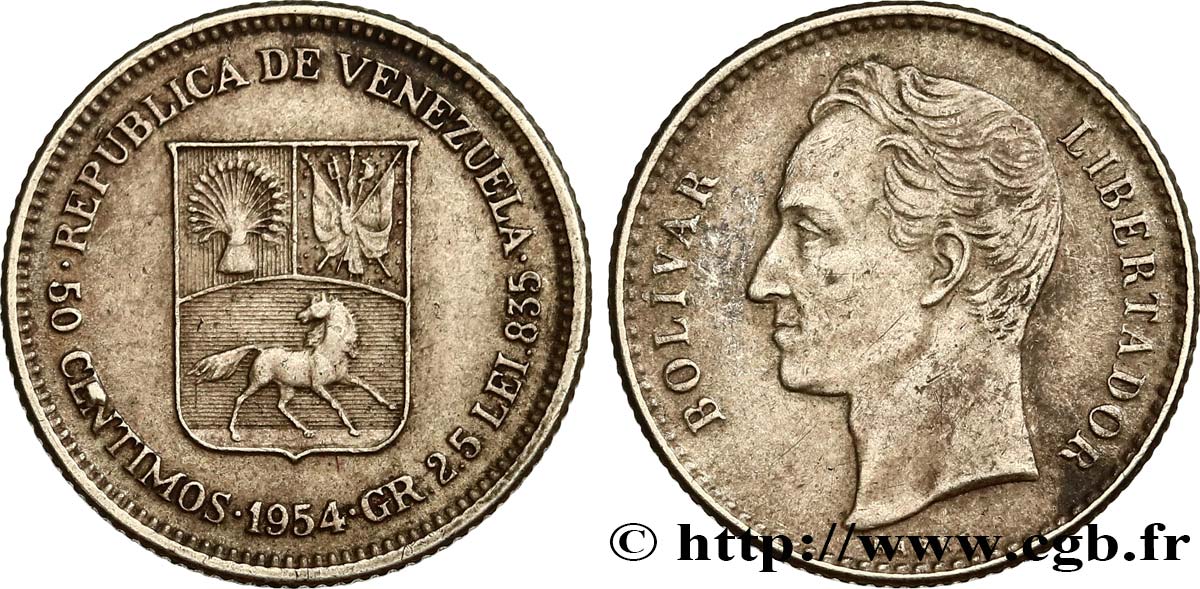 VENEZUELA 50 Centimos emblème / Simon Bolivar 1954 Philadelphie AU 