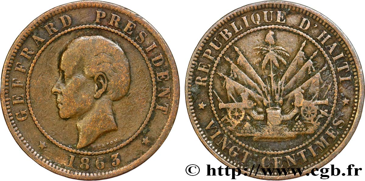 HAITI 20 Centimes président Geffrard 1863 Heaton VF/AU 