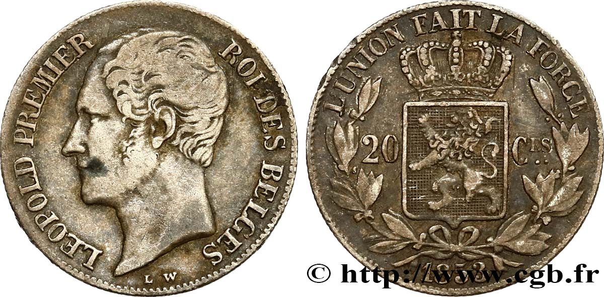 BELGIQUE 20 Centimes Léopold Ier tête nue 1853  TTB 