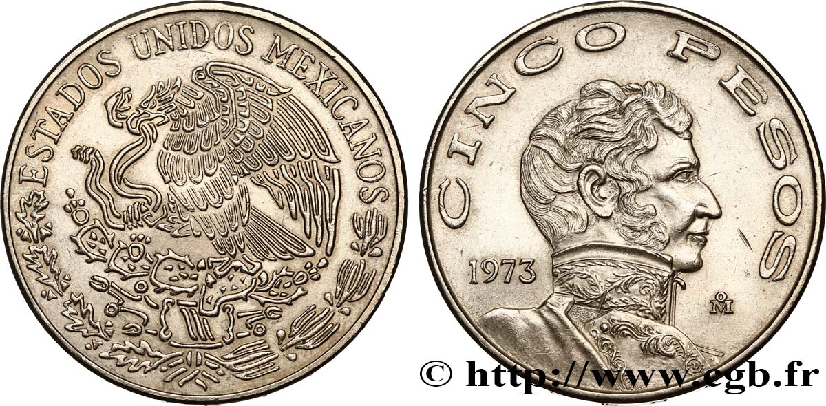 MEXICO 5 Pesos aigle mexicain / Vicente Guerrero 1973 Mexico AU 