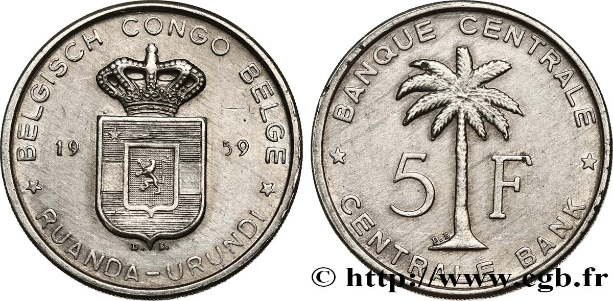 BELGIAN CONGO 5 Francs Banque Centrale Congo Belge-Ruanda-Urundi 1959  AU 