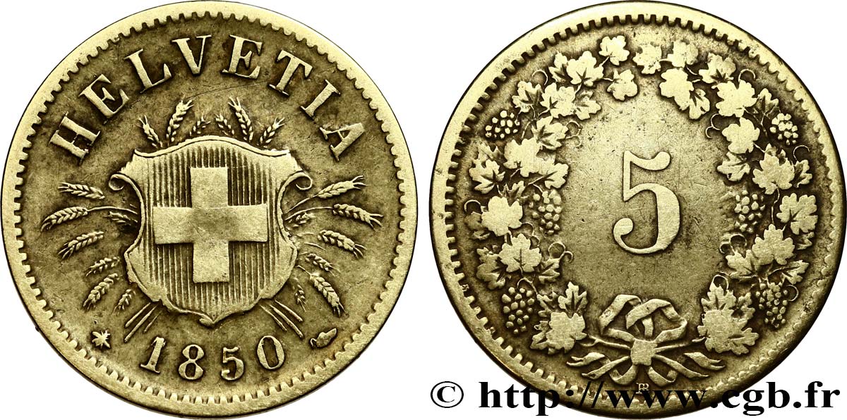 SUISSE 5 Centimes (Rappen) croix suisse 1850 Strasbourg - BB TB+ 