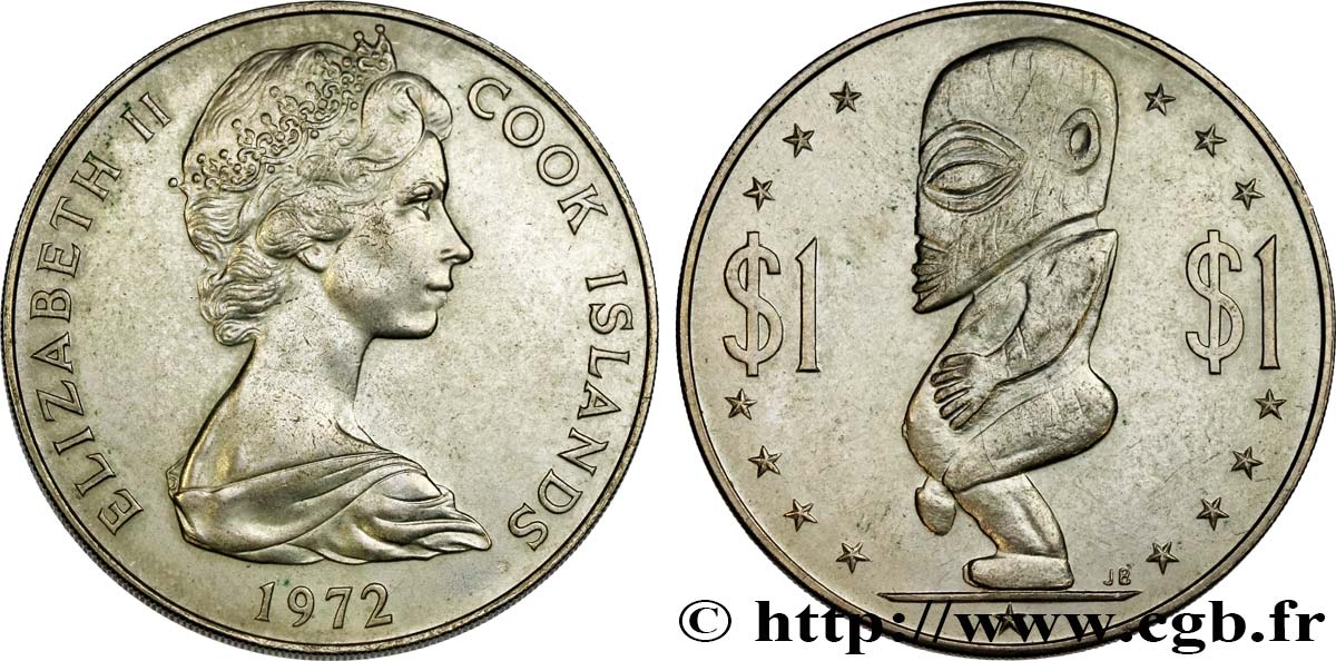 COOK ISLANDS 1 Dollar Elisabeth II / statue de Tangaroa, Dieu de la création 1972  AU 