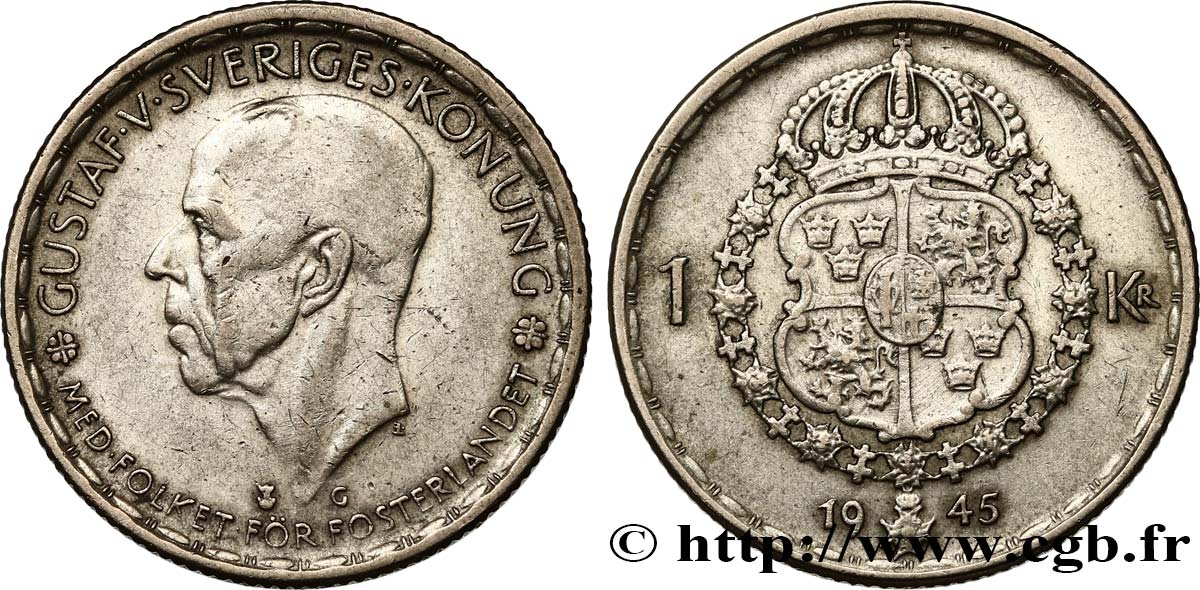 SCHWEDEN 1 Krona Gustave V 1945  VZ 