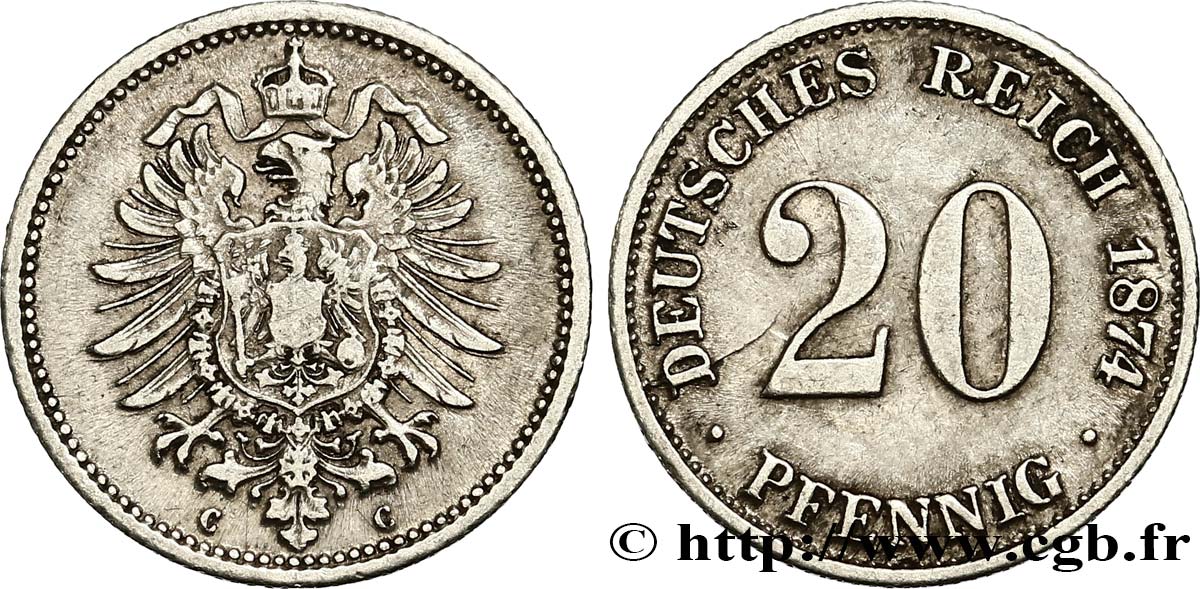DEUTSCHLAND 20 Pfennig aigle impérial héraldique 1874 Karlsruhe SS 