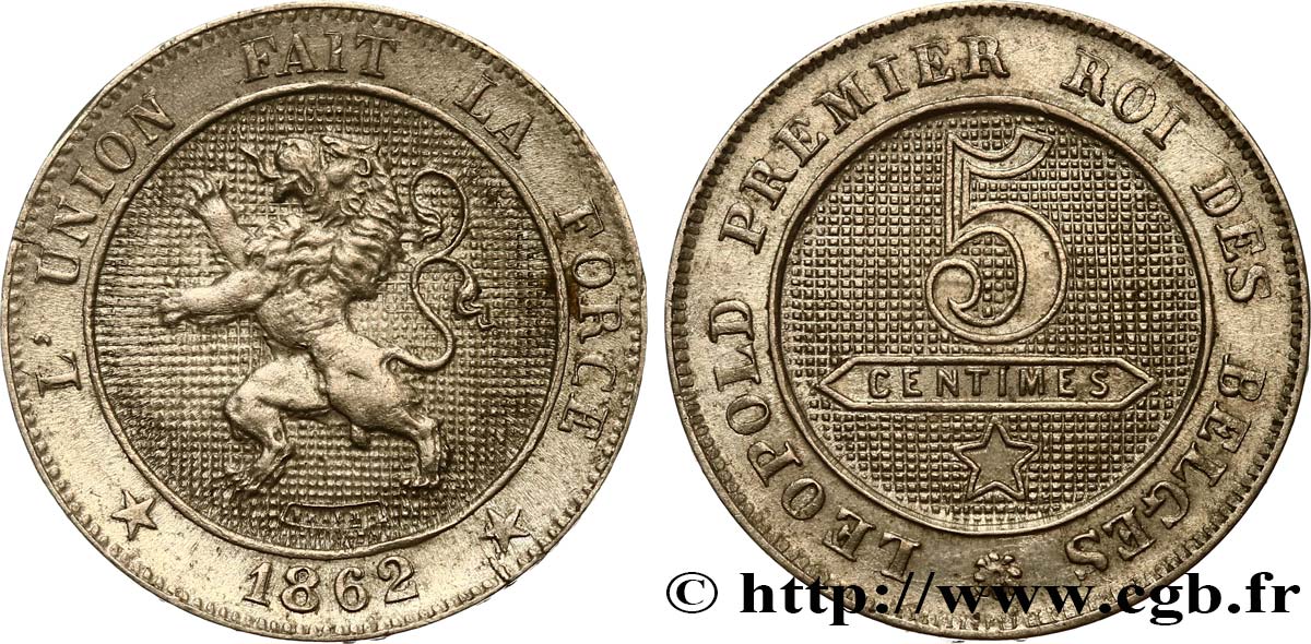 BELGIQUE 5 Centimes Léopold Ier 1862  SPL 