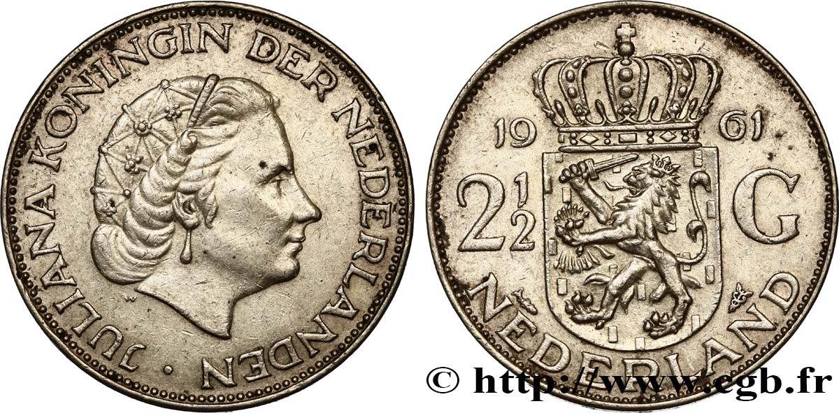 NETHERLANDS 2 1/2 Gulden Juliana 1961 Utrecht AU 