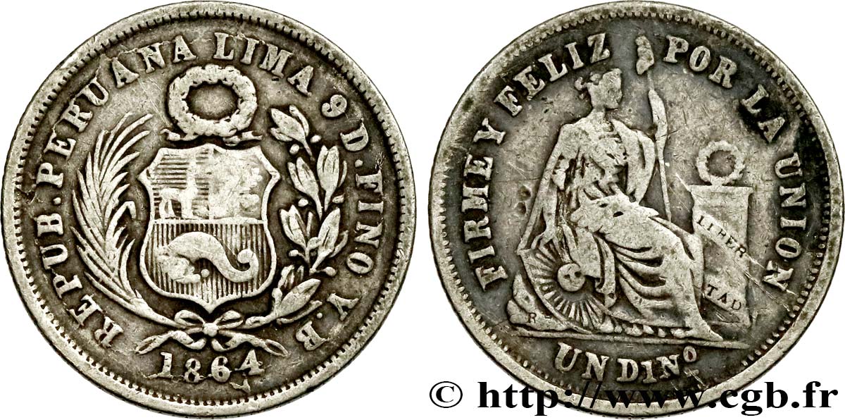 PERU 1 Dinero 1864 Lima XF 