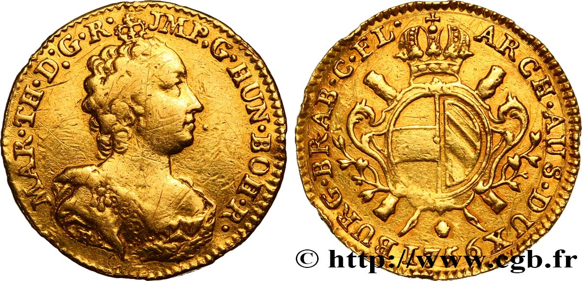 AUSTRIAN LOW COUNTRIES - DUCHY OF BRABANT - MARIE-THERESE Souverain d or, 3e type 1756 Anvers BC+/MBC 