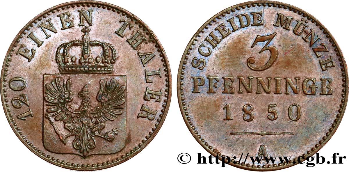 ALEMANIA - PRUSIA 3 Pfenninge 1850 Berlin EBC 