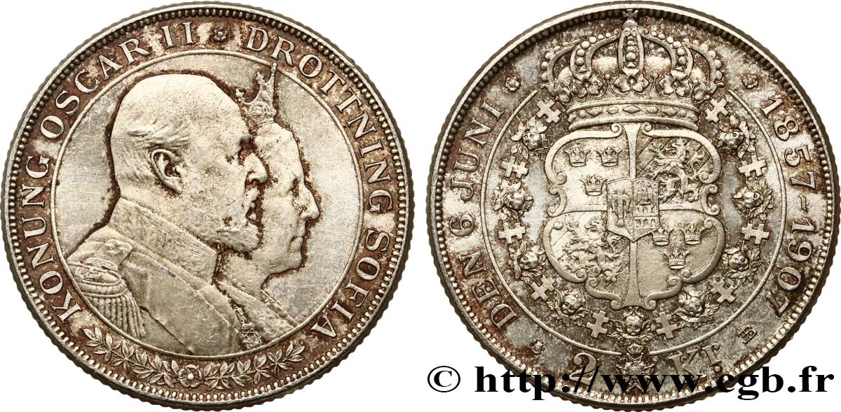 SWEDEN 2 Kronor noces d’or du roi Oscar II et de la reine Sophie de Nassau 1907  AU/MS 