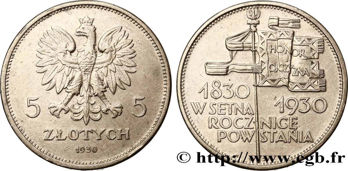 POLOGNE 5 Zloty, centenaire de la révolte de 1830-1831 1930 Varsovie TTB 