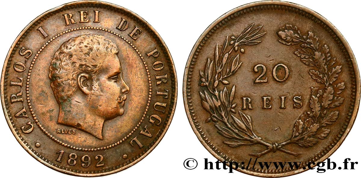 PORTUGAL 20 Réis Charles Ier 1892  XF 