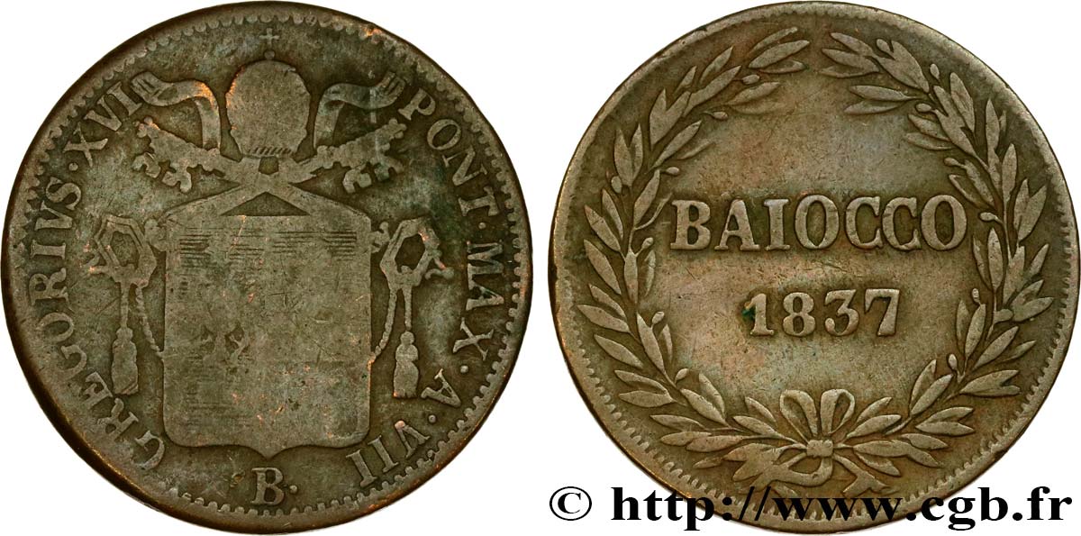 VATICAN AND PAPAL STATES 1 Baiocco Grégoire XVI an VII 1837 Bologne VF 