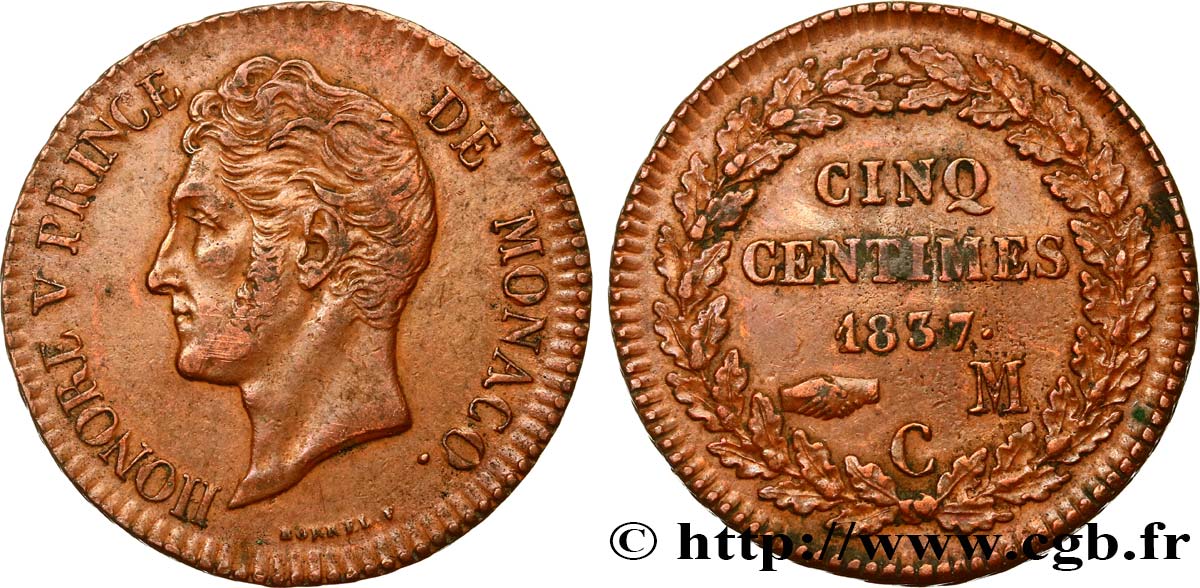 MONACO 5 Centimes Honoré V petite tête en cuivre rouge 1837 Monaco XF 