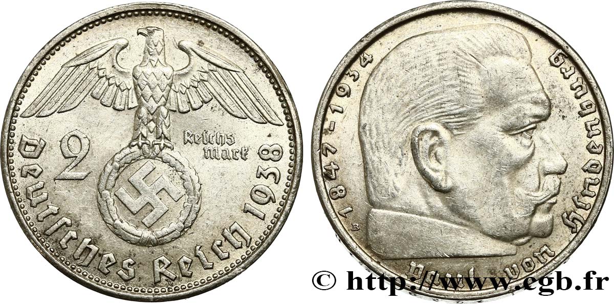 ALEMANIA 2 Reichsmark Maréchal Paul von Hindenburg 1938 Vienne EBC 