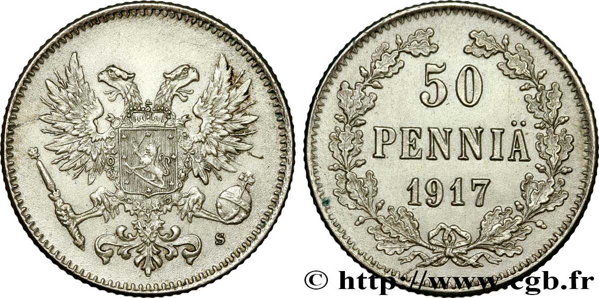 FINLANDIA 50 Pennia aigle bicéphale 1917 Helsinki EBC 