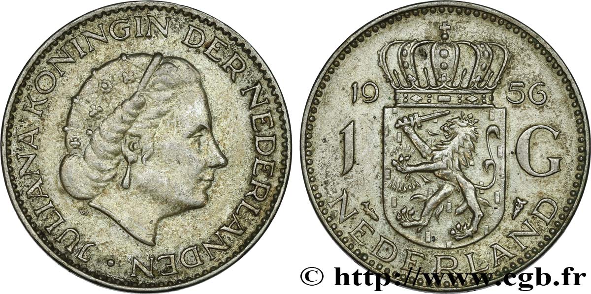 NETHERLANDS 1 Gulden Juliana 1956  AU 