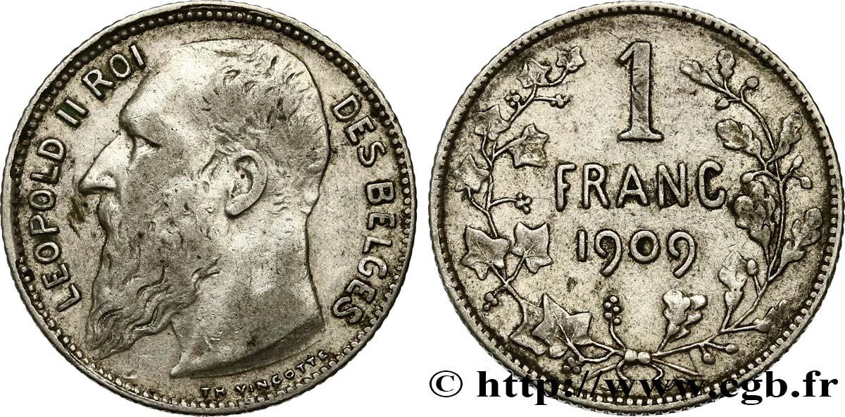 BELGIQUE 1 Franc Léopold II légende française variété sans point dans la signature 1909  TB+ 