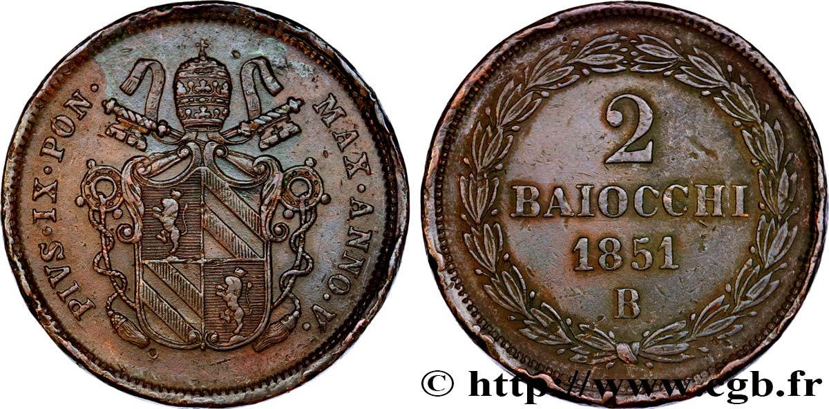 VATICAN AND PAPAL STATES 2 Baiocchi frappe au nom de Pie IX an V 1851 Bologne - B XF 