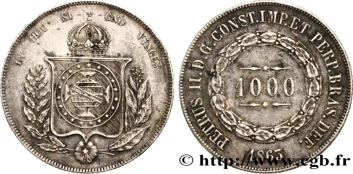 BRAZIL 1000 Reis Empereur Pierre II 1863  XF 