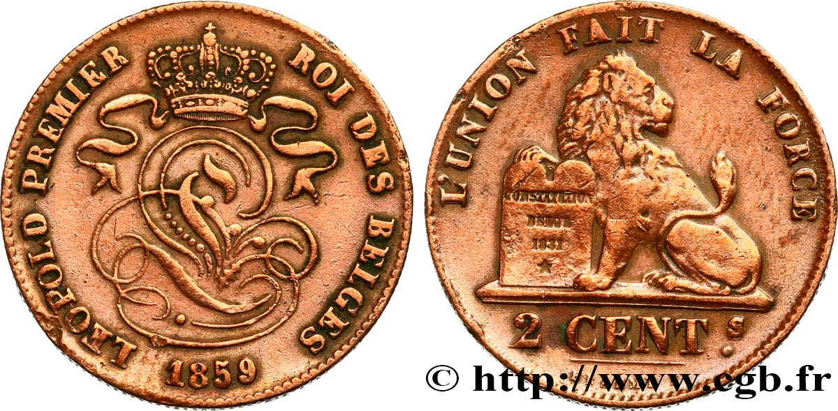 BELGIUM 2 Centimes lion monogramme de Léopold Ier 1859  XF 