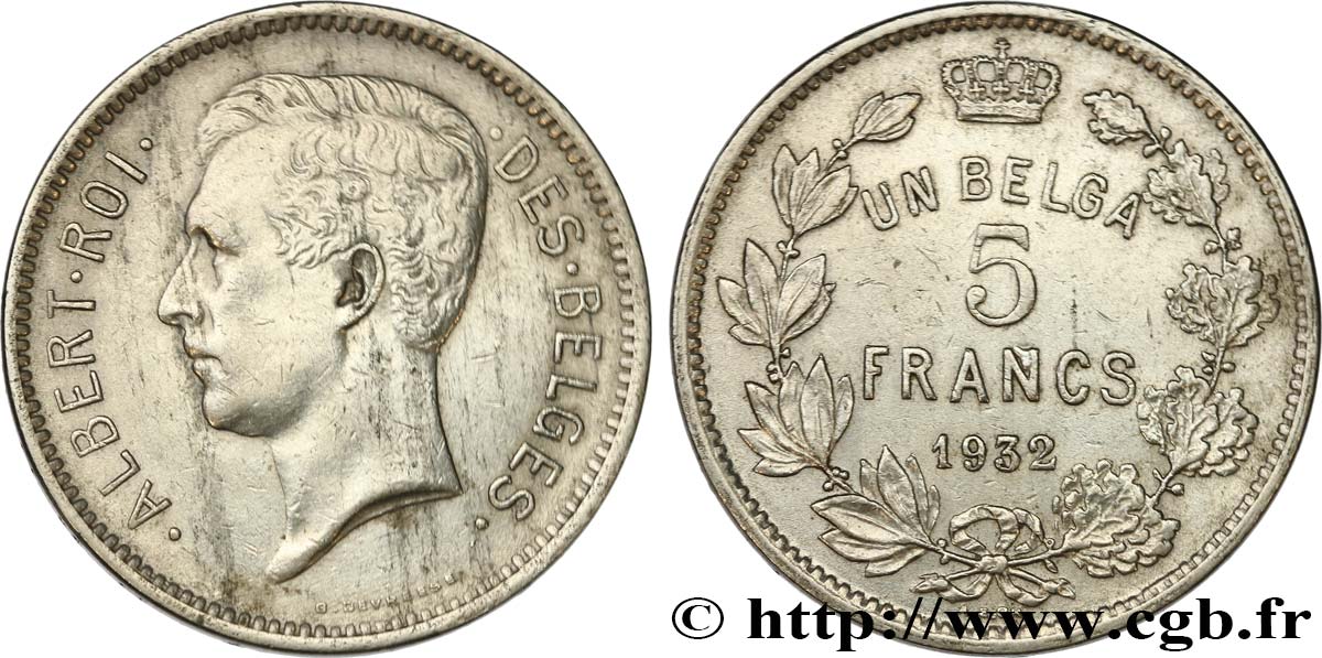 BELGIEN 5 Francs - 1 Belga Albert Ier légende Française 1932  SS 