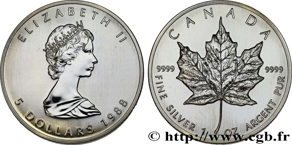 CANADá
 5 Dollars (1 once) Elisabeth II 1988  SC 