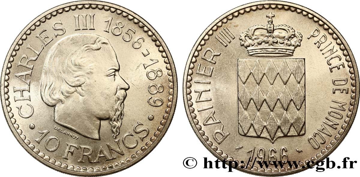 MONACO 10 Francs Charles III 1966 Paris MS 