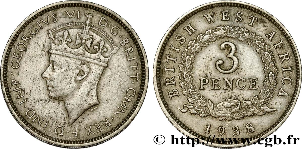 BRITISH WEST AFRICA 3 Pence Georges VI 1938 Heaton XF 