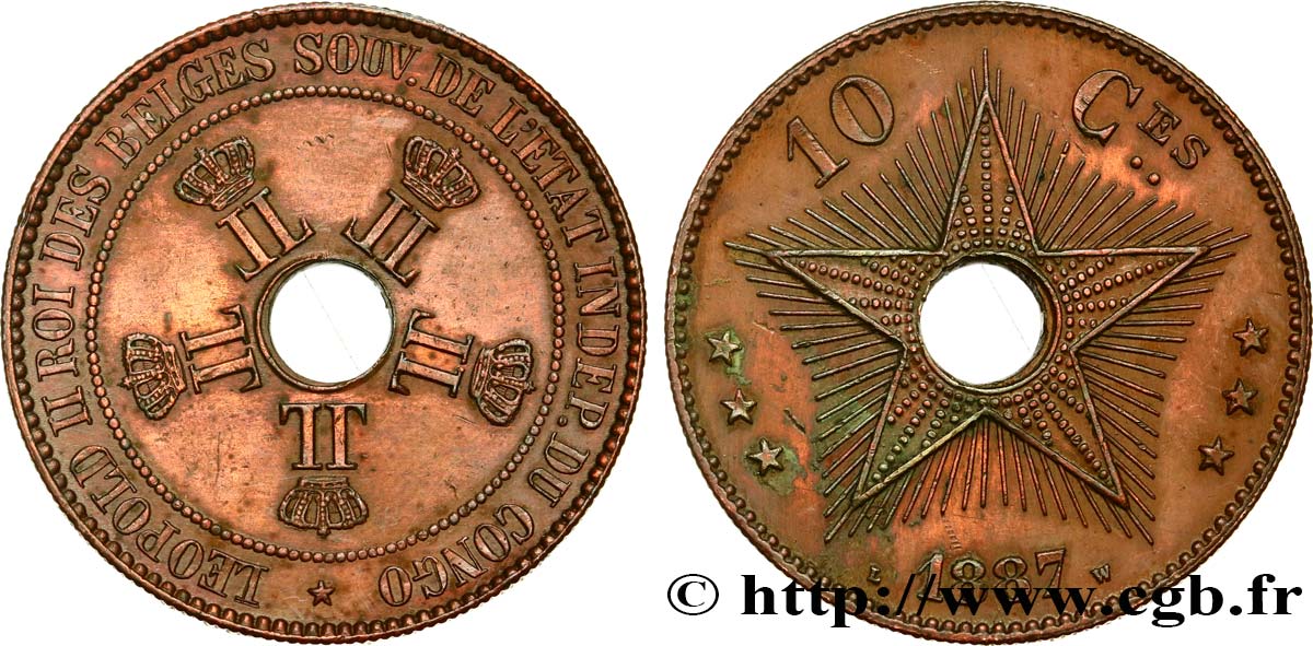 KONGO-FREISTAAT 10 Centimes Léopold II 1887  VZ 